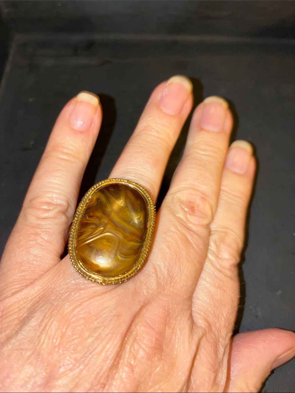 Gold-Tone Brown Marbled Statement Stretch Ring